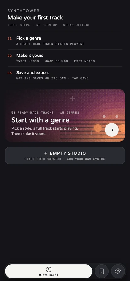 synthtower home screen: Make your first track in three steps